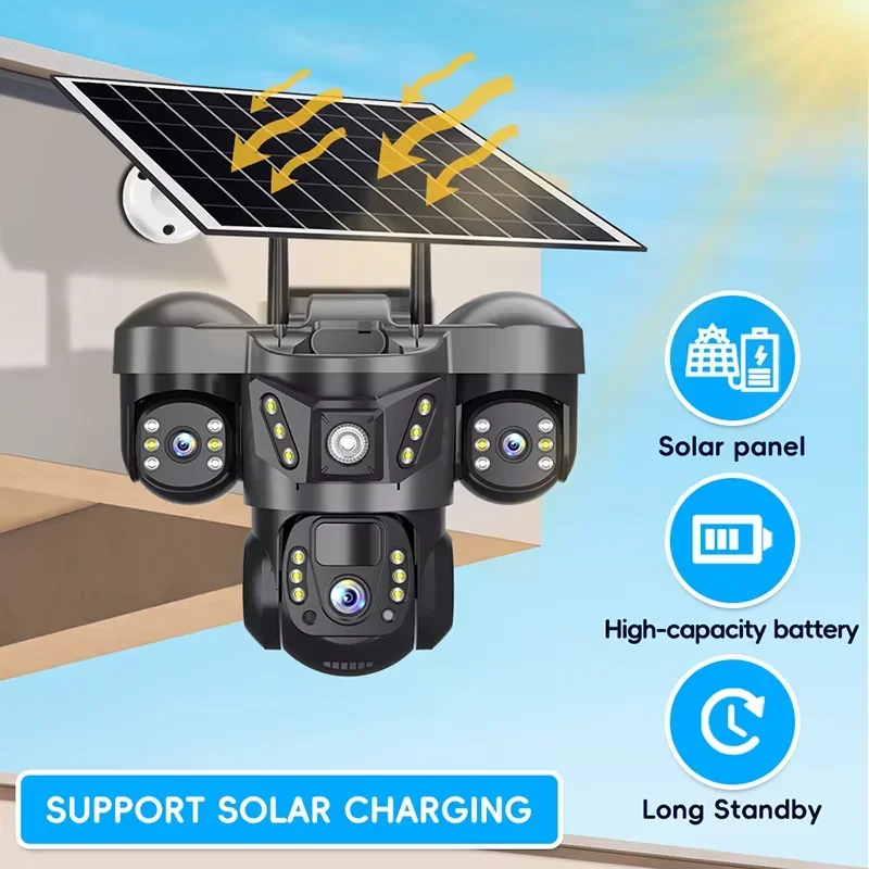 V380 Pro  Wireless WiFi Solar Camera Three Lens Three Screen Human Detection 4G Sim Card Solar CCTV IP Camera