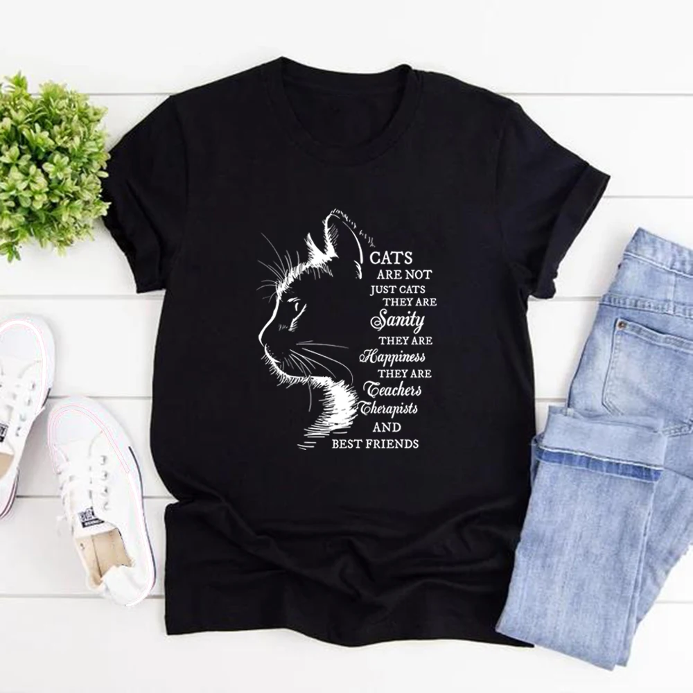 Cat Lover T-Shirt Feline Therapy T Shirt Women Short Sleeve T-shirts Inspirational Cat Quote Tee Cat Mom Gifts Women Clothing