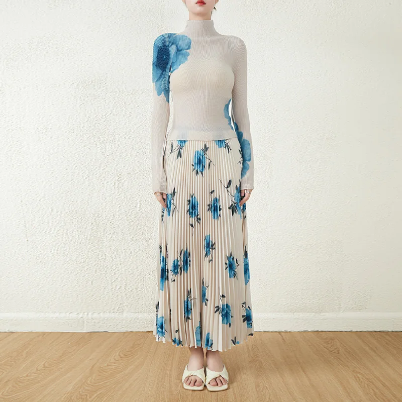 2025 Summer Women's Printed Pleated 2 Piece Set - Long Sleeve Shirt and Pleated Skirt