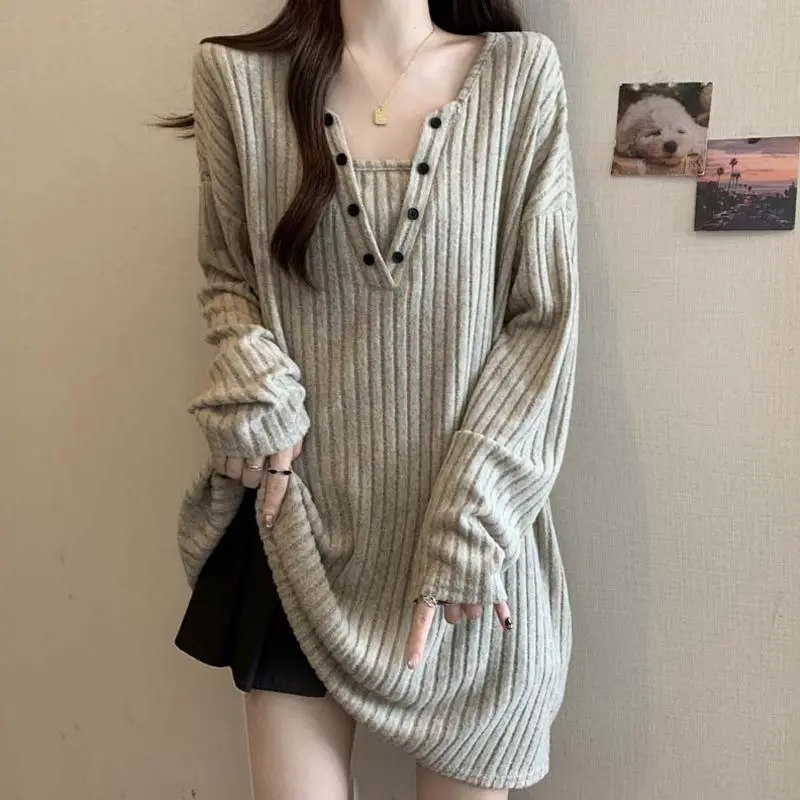 Women V Neck Half Button Vertical Rib Oversized Long Sleeve Loose Knit Tunic Top