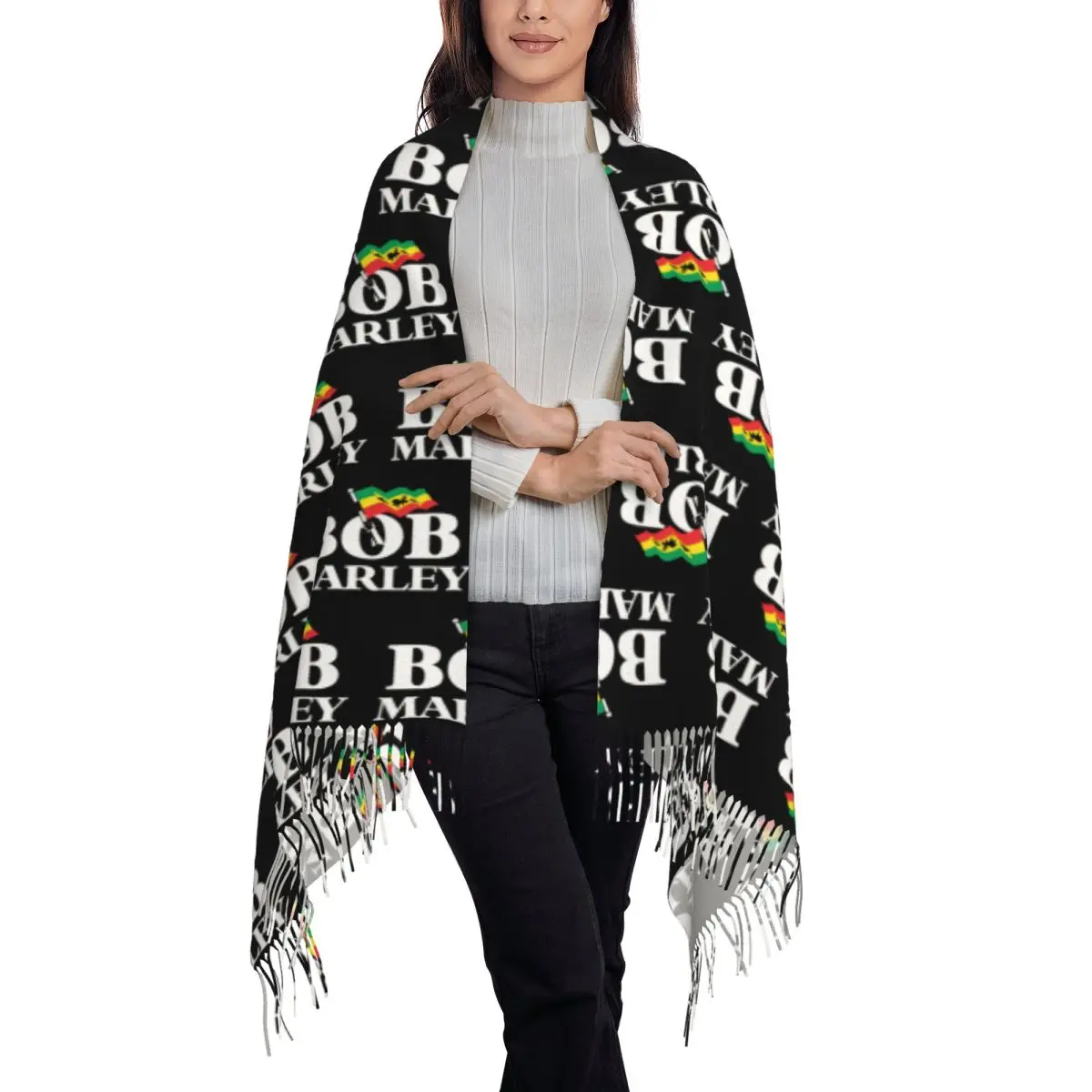 Customized Ladies Long Jamaica Singer Reggae Rock Bob Marley Scarves Women Winter Thick Warm Tassel Shawl Wraps Scarf