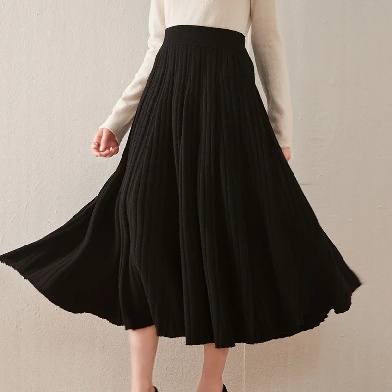 Cashmere 100% Wool Skirt For Women Skirt Autumn Winter Skirt, High Waisted Pleated Skirt, Knitted Skirt Wool Maxi Skirts Loose