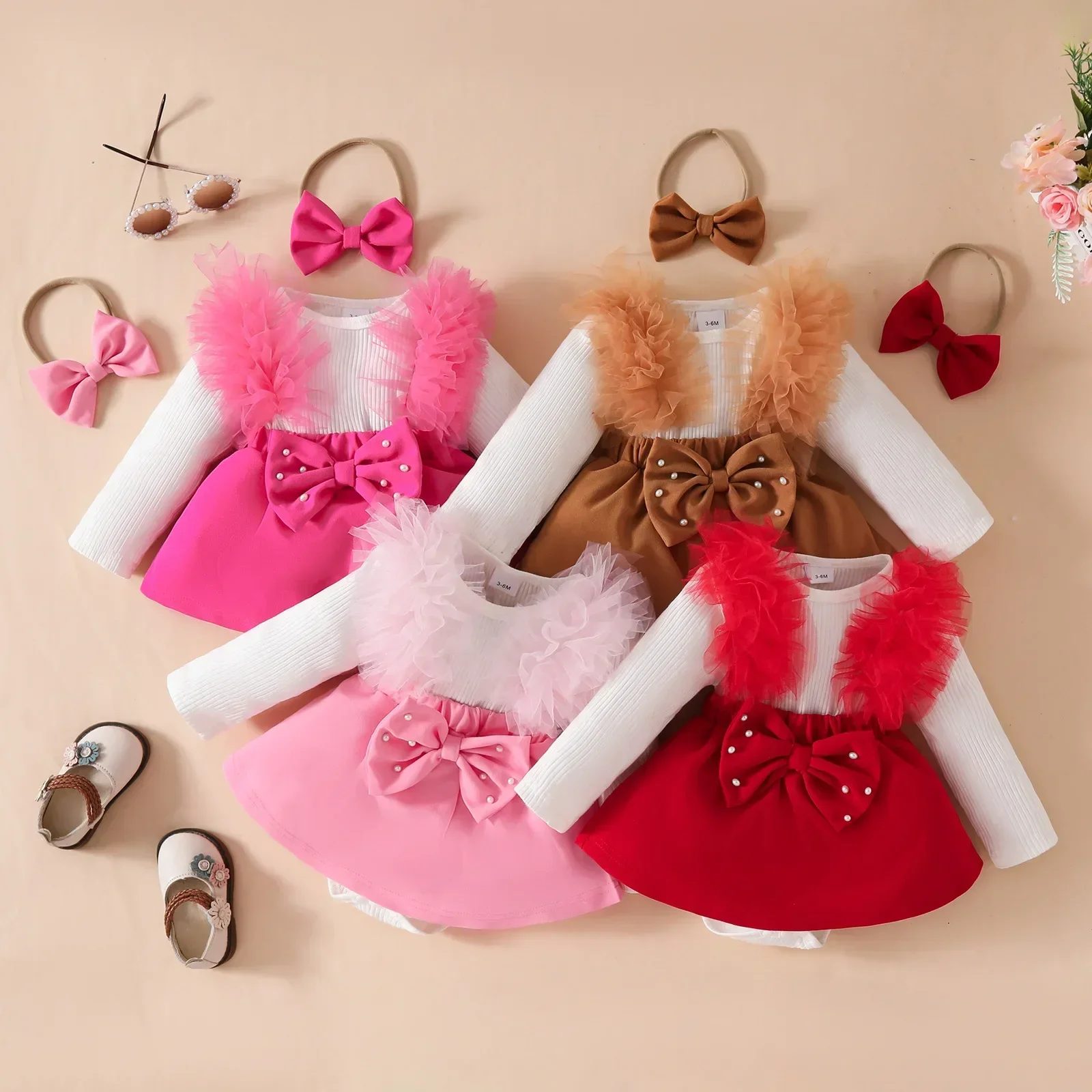 

Autumn Winter 0-18 Months Baby Girl Long Sleeve Onesie Dress Romper with Tulle Bow Pearl Decor Outfit & Headband