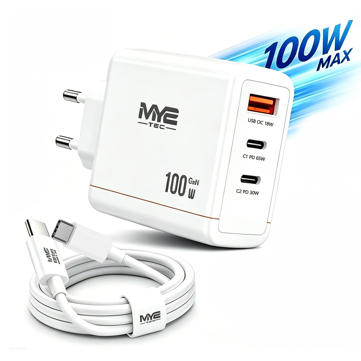 100W GaN USB-C Schnellladegerät 3-Port mit PD 65W/30W, USB-A, inkl. 100cm USB-C Kabel
