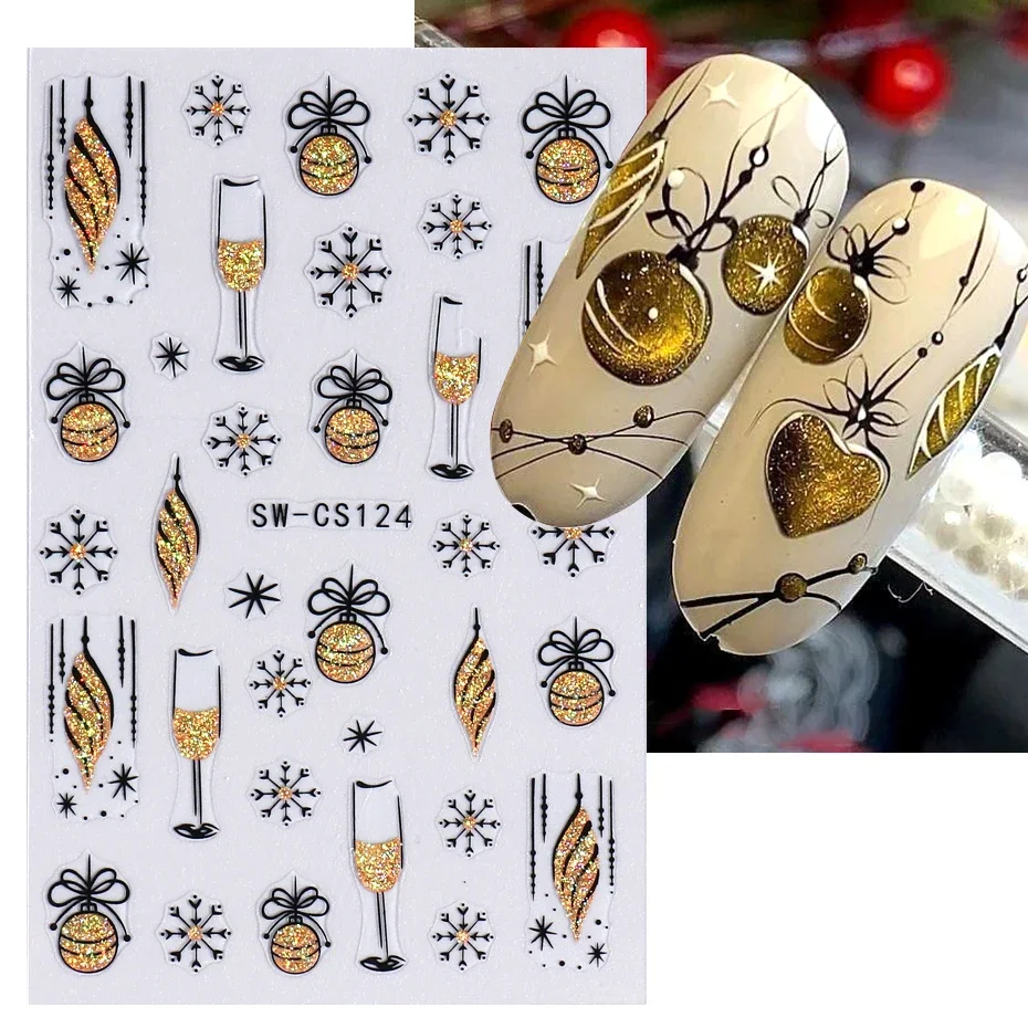 Reflective Gold Merry Christmas Nail Art Sticker Shiny Glitter Bell Lantern Snowflake Design 2024 New Year Manicure Winter Foils