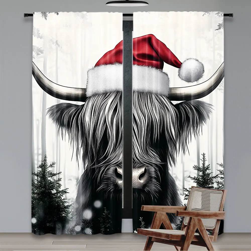 

2Pcs Christmas Curtain Winter Highland Cow Xmas Tree Forest Holiday Rustic Farmhouse Nature Gray Red Suitable For Living Room