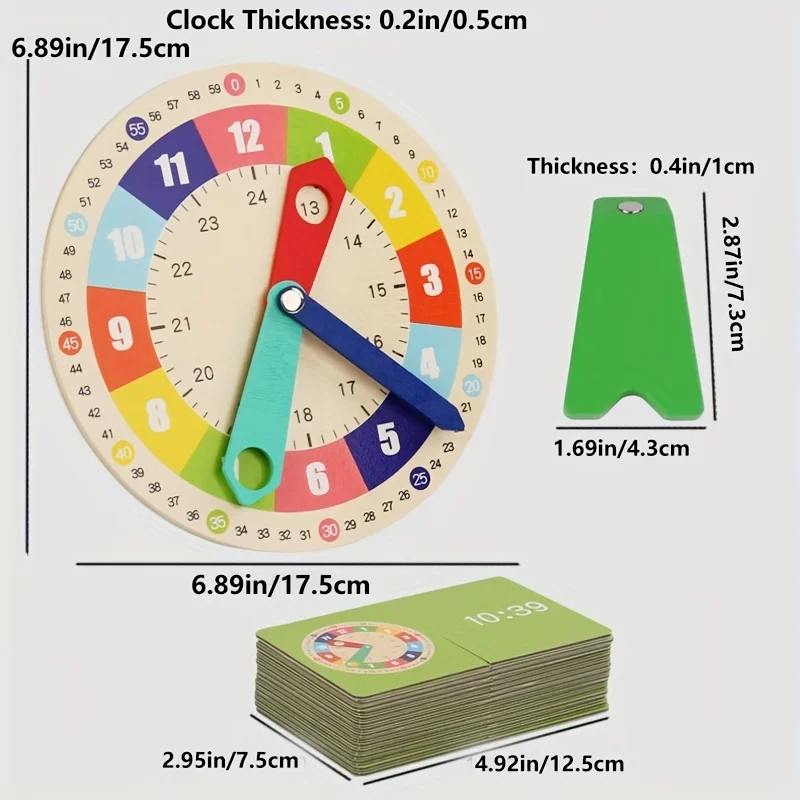 Wooden Clock Model Teaching Aid Montessori Learning Clocks with Cards Kindergartner Toy for Game Interaction Playroom Wall