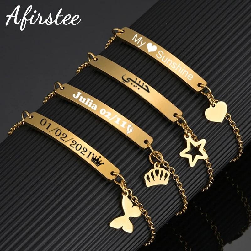 Pulsera de acero inoxidable con grabado de corazón y nombre, placa con letras personalizadas, pulseras con fecha y mariposa para mujer, regalo de joyería para niña