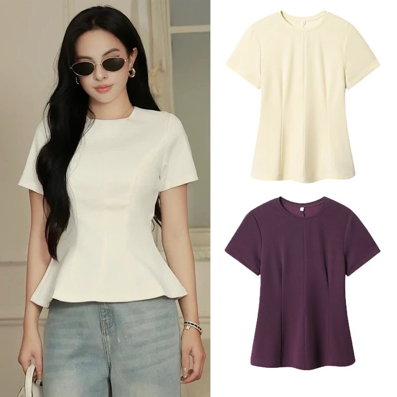Women's T-Shirt Summer Beige Purple Short-Sleeved Top Elegant Female Pleated Slimming T-Shirt 2026 Spring New Women's Tops
