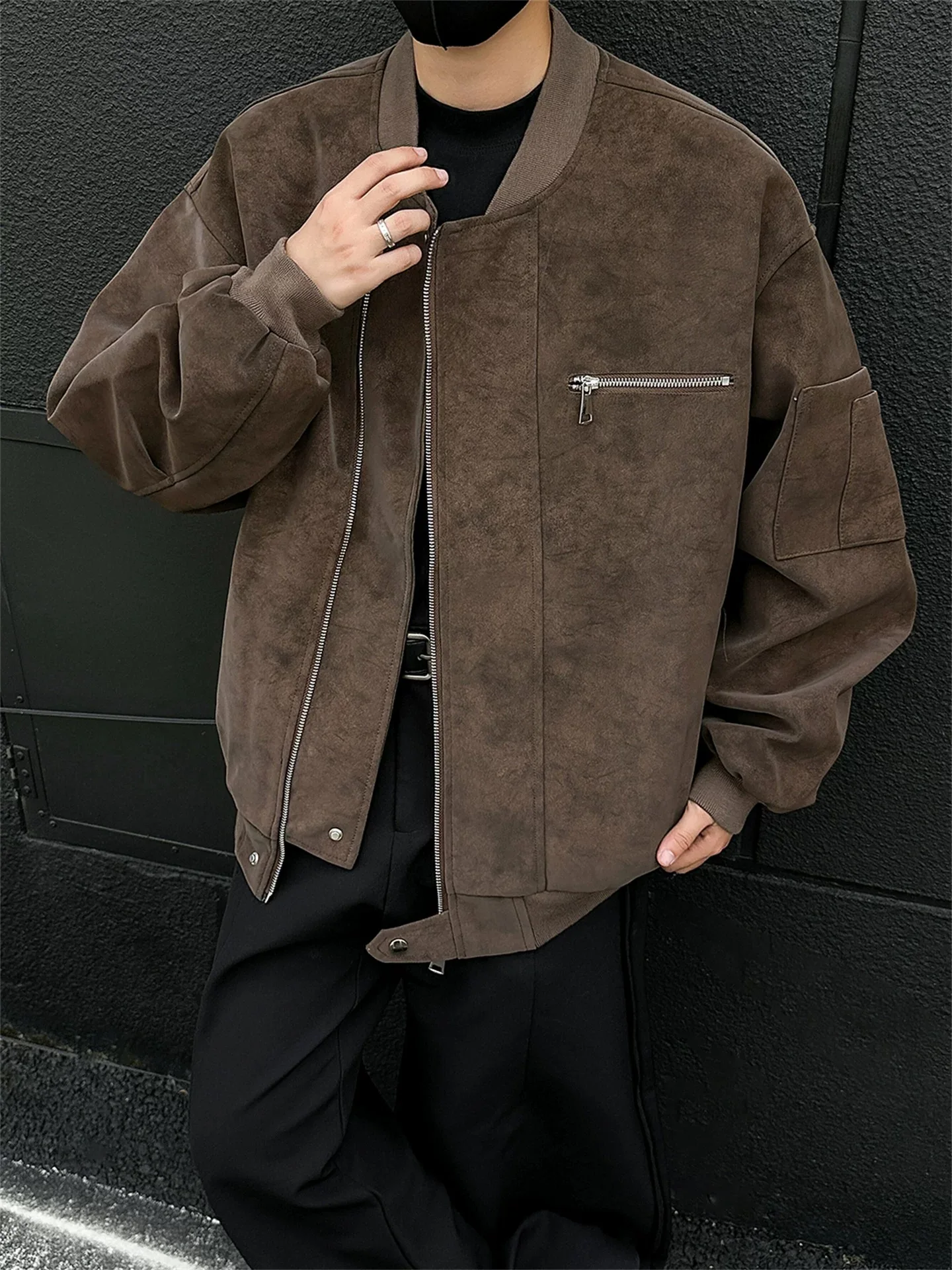 

Кожаный джет в американском стиле в стиле ретро, свободный крой, брендовый мотоциклетный джет на весну и осень, мужской и женский воротник-стойка