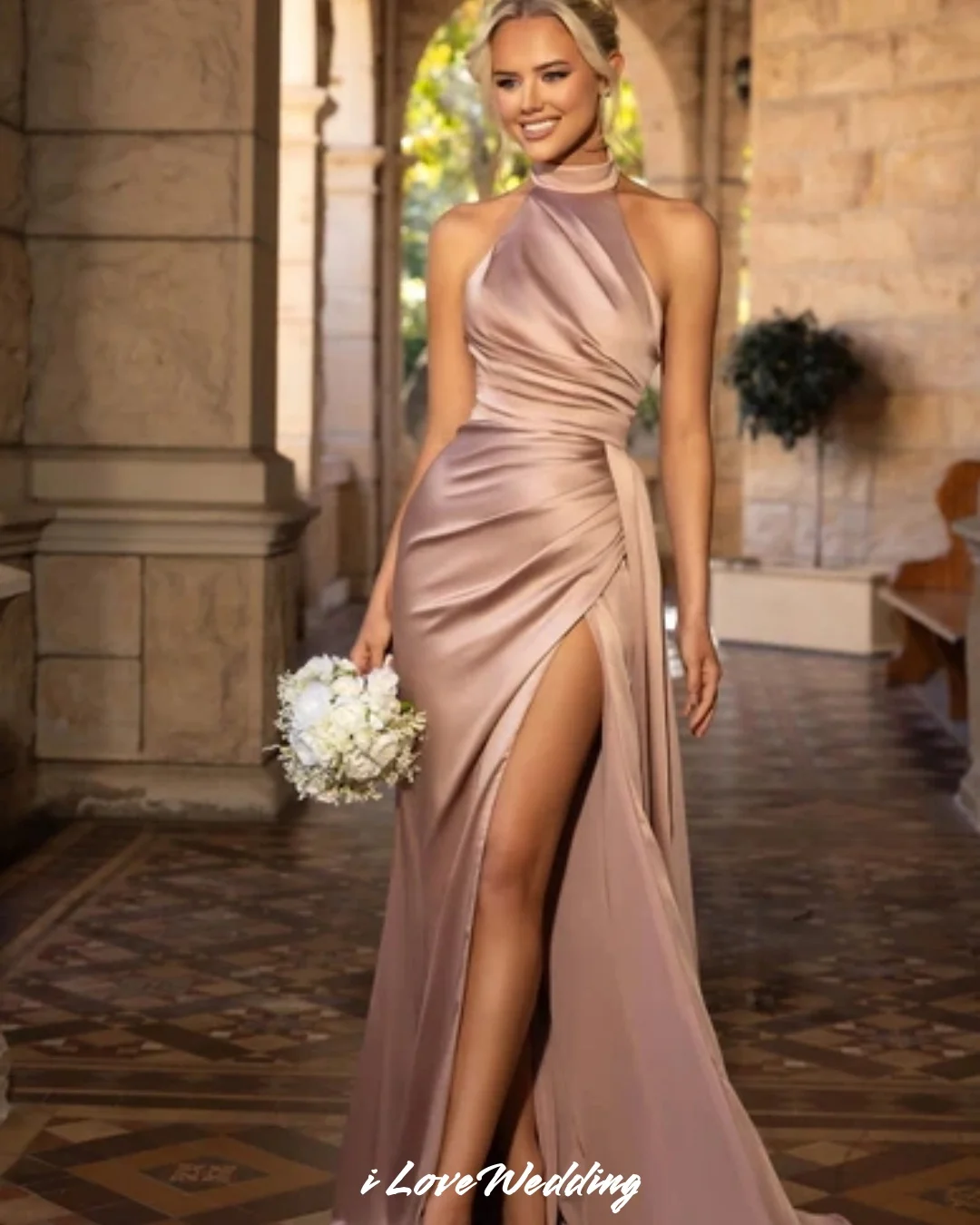 Women's Halter Satin Bridesmaid Dress 2026 Mermaid Sleeveless Side Slit Pleated Dress Wedding Guest Dress Sweep Train Customized
