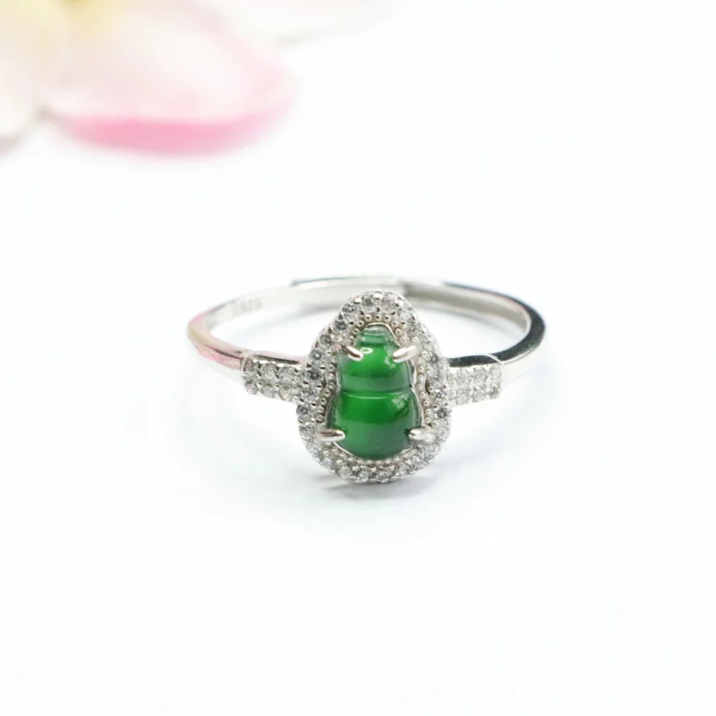 

S925 Silver Imperial Green Jadeite Calabash Ring Glacial AAA Burmese Heirloom Adjustable Jewelry