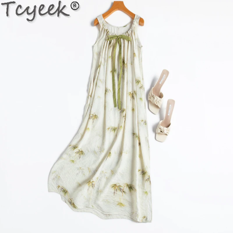 

Tcyeek 76% Mulberry Silk Dress Women Sleeveless Beach Dress 2024 Elegant and Pretty Women's Dresses Summer Clothes Vestido Mujer