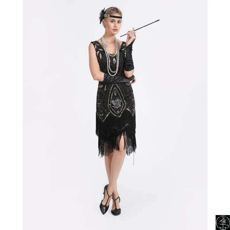

Gatsby Roaring 920s Flapper Dr Fringed Par Costume High Waist A-Line Midi Skirt V-Ne Zipper Closure No-Sve Mid-Length