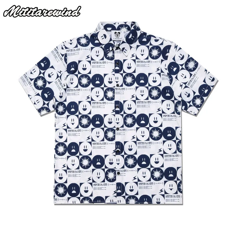 Summer High Street Cartoon Smile Full Print Short Sleece Shirts Thin Beach Clothing Vacation Fashion Y2k Tops Loose Casual