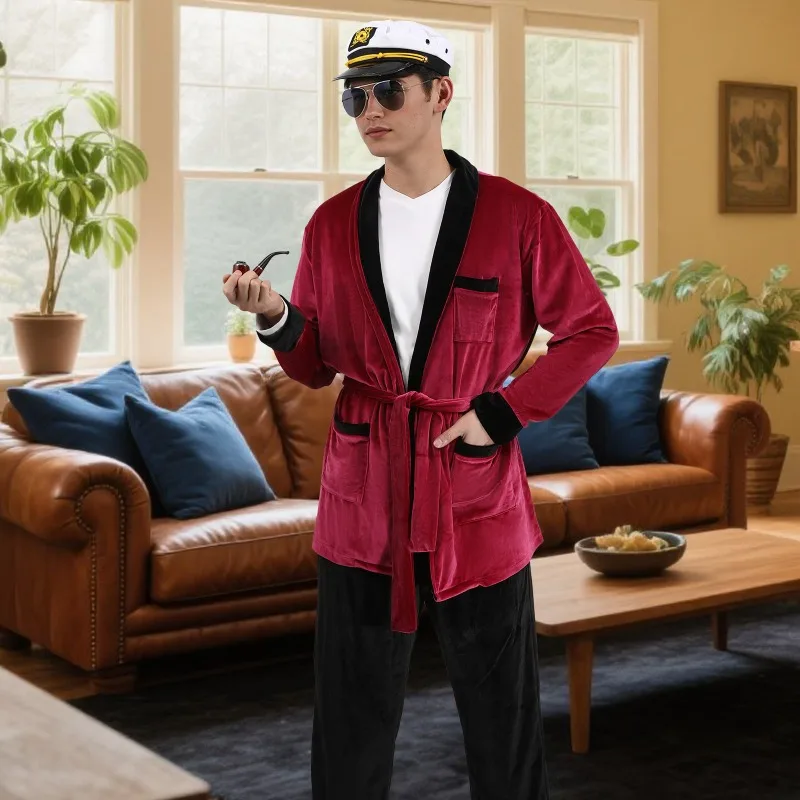 Hugh Velvet Captain's Robe For Men Gift Hefner Cosplay Party Outfits Halloween Costume Cap Set