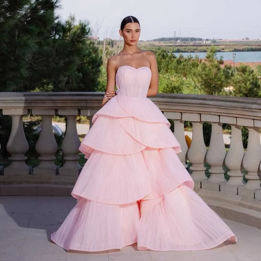 2026 alta costura rosa vestidos de noite sem alças em camadas organza vestido de noiva exclusivo segundo vestido de casamento plissado tule vestidos de baile