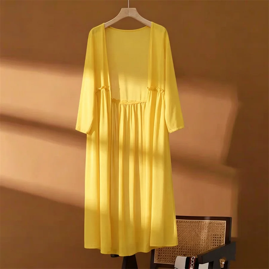 Cardigã Longo Feminino de Chiffon Estilo Coreano para Primavera e Verão, Proteção Solar, Casaco Feminino, Jaqueta, Xale