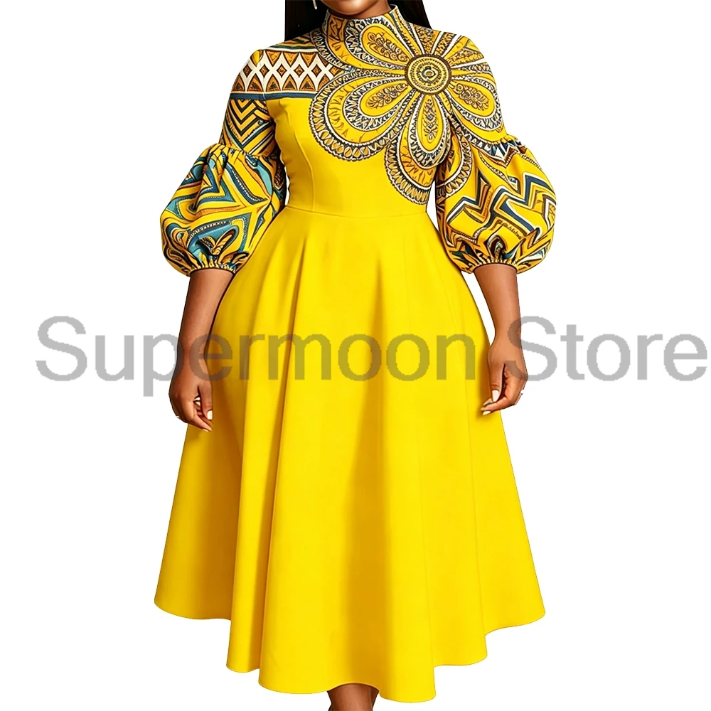 Women Patchwork African Ankara Print Midi Dress Mock Neck Puff Sleeve A‑Line Swing Dresses Ladies Party Evening Dress
