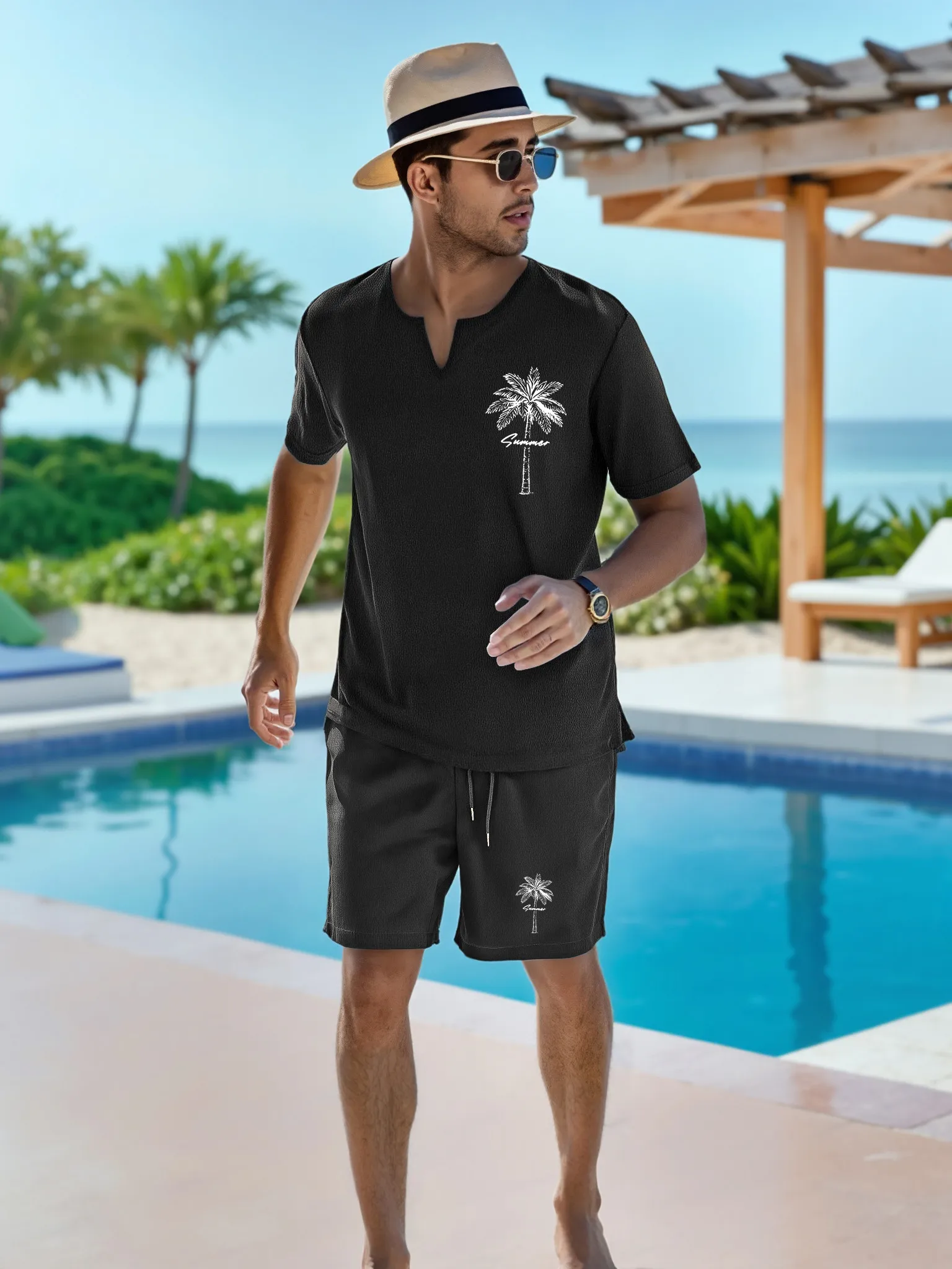 New men's short sleeve suit casual solid color double pocket suit daily beach short sleeve suit