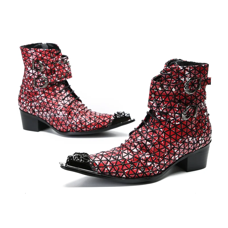 

Fashion Metal Pointed Toe Buckle Strap Men Motorcycle Short Boots Plus Size Lace Up Party Ankle Boots Male Formal Leather Shoes