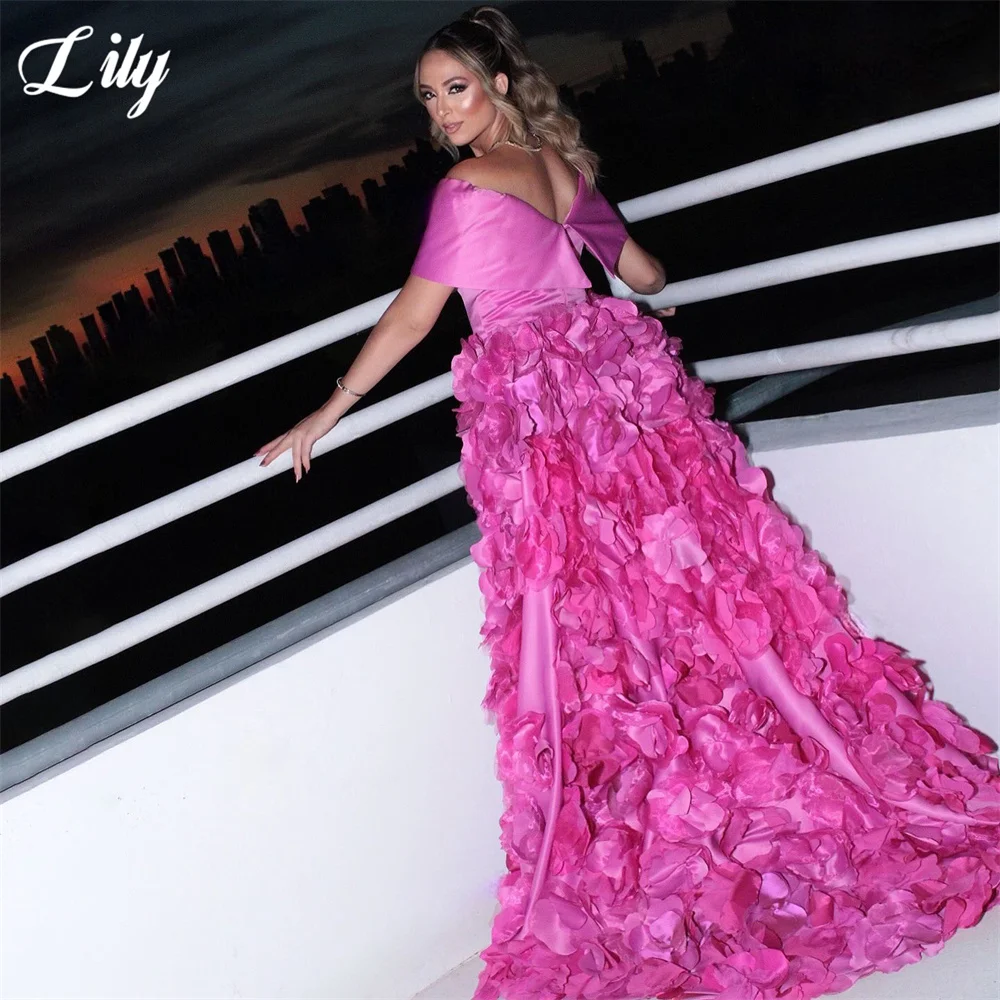 Lily Hot Pink Satin Evening Dress Off Shoulder Short Sleeve Formal Gown Full 3D Petal Floral Night Dress Prom Dresses Customized
