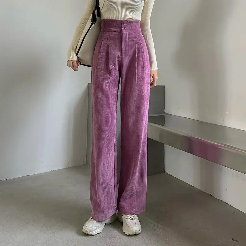 

2024 New Fashion Women Corduroy Long Pant High Waist Double Button Loose Female Straight Leg Trousers Casual Pantalon Femme