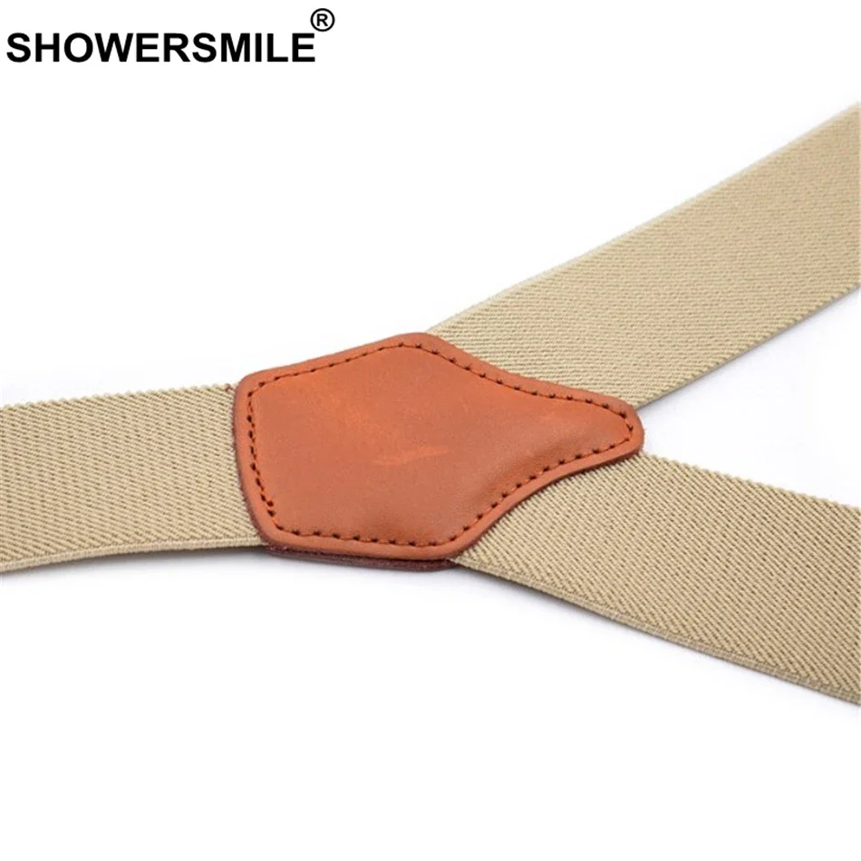 SHOWERSMILE Men Suspender Clips Solid Red Shirt Braces Leather Elastic Male Wide Suspenders 3.5cm Khaki Blue Black Coffee