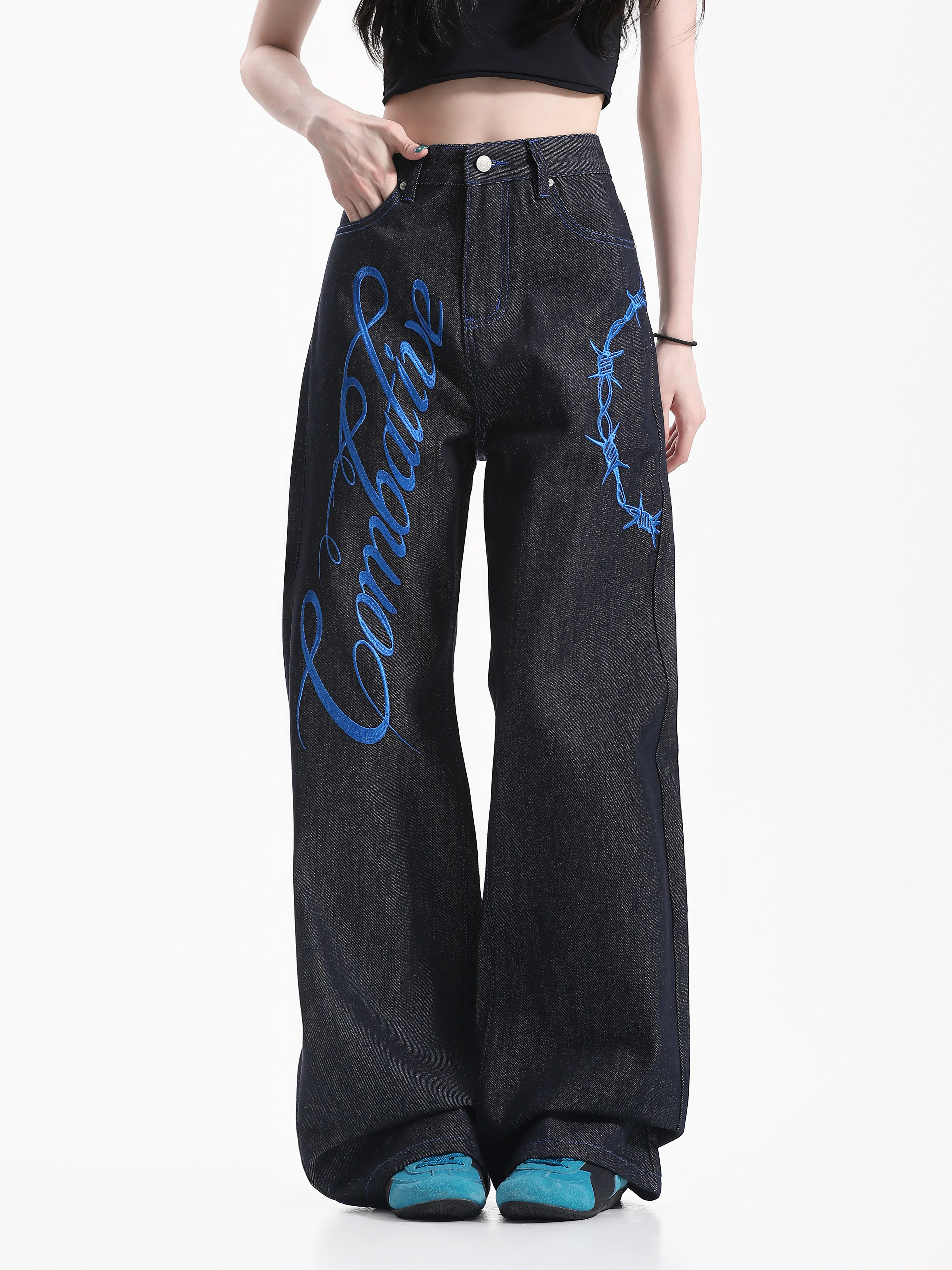 Cleanfit Embroidered Wide Leg Denim Jeans Neutral Style Color Block Floral Lettering Casual Comfortable Loose Fit Jeans