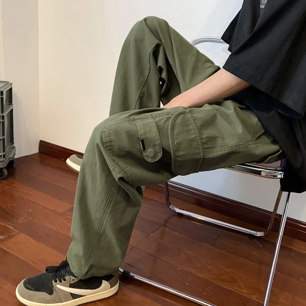 Military Green Men's High Streetwear Fashion Cargo Pants Summer Wide Leg Casual Trouser Sweatpants