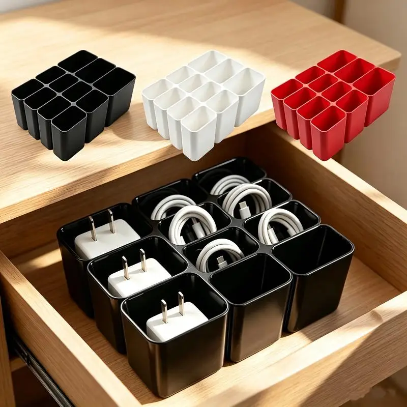 Hot Sale Sturdy Plastic Charger Cable Storage Box 12 Separate Compartments Perfect For Home Office Desk Drawer Organization