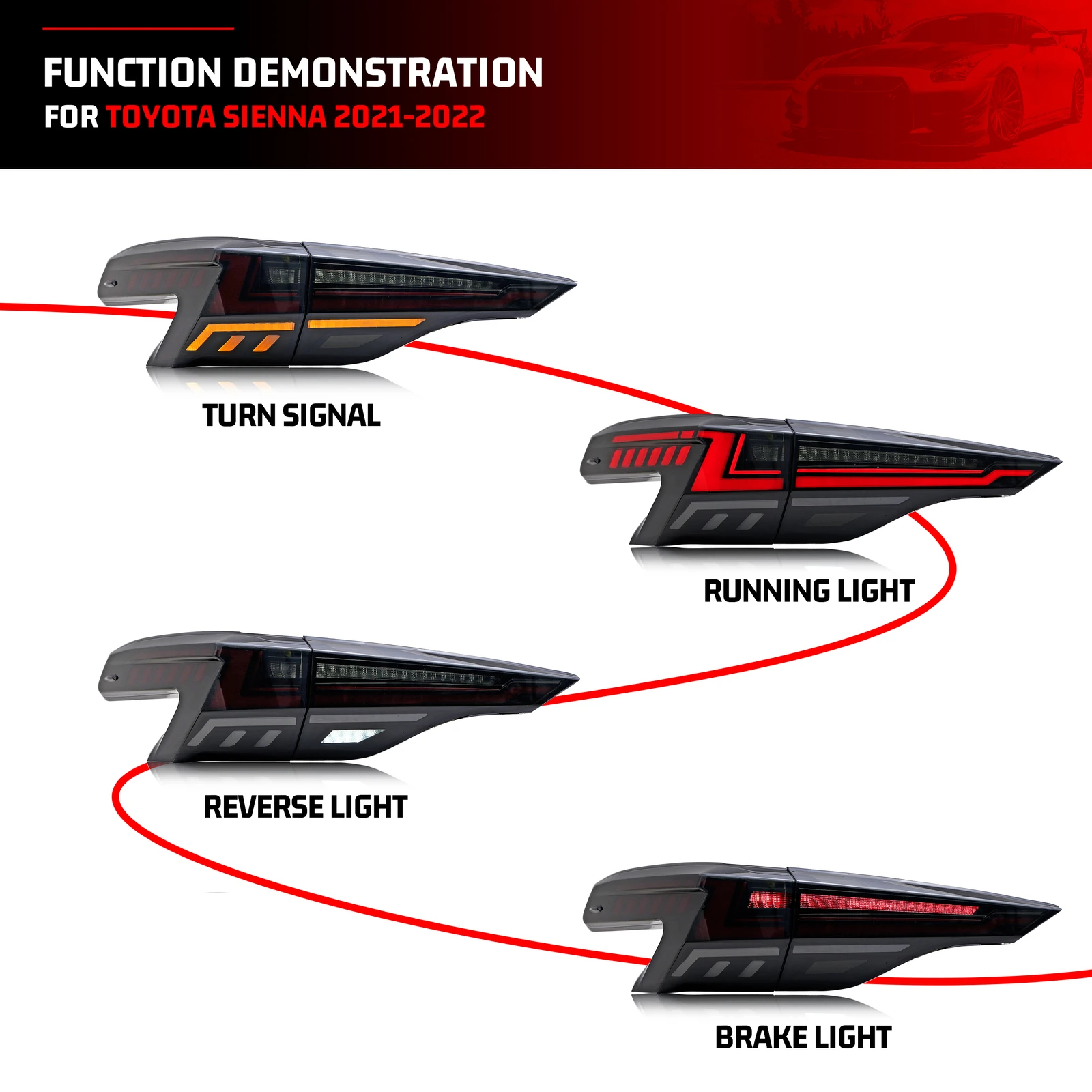 LED Tail Lights Assembly for Toyota Sienna 2020-2026 Sequential Blinker Dynamic Animation Black Rear Lamps With Middle Lamp
