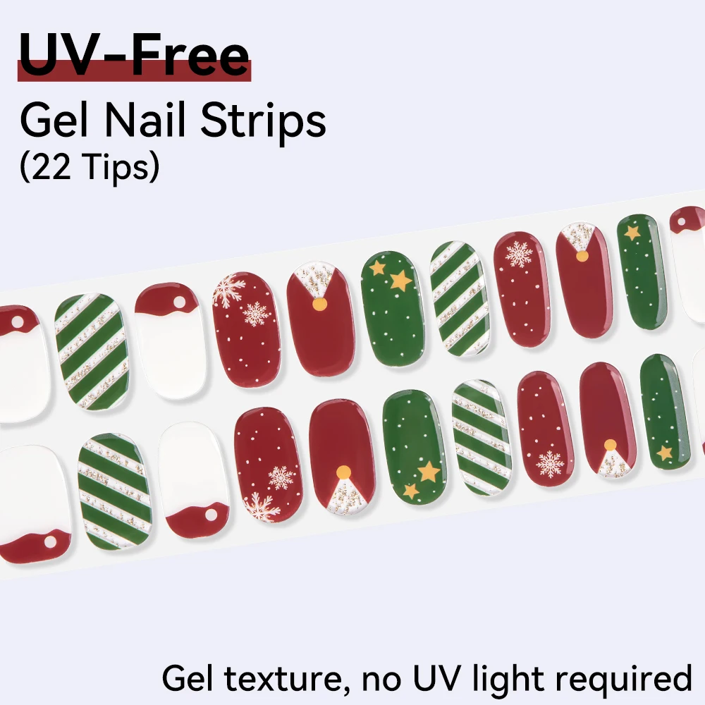 Tiras de uñas de Gel con forma de copo de nieve de Papá Noel, sin UV, 22 puntas, pegatinas de Gel autoadhesivas para uñas, decoración de manicura DIY roja y verde
