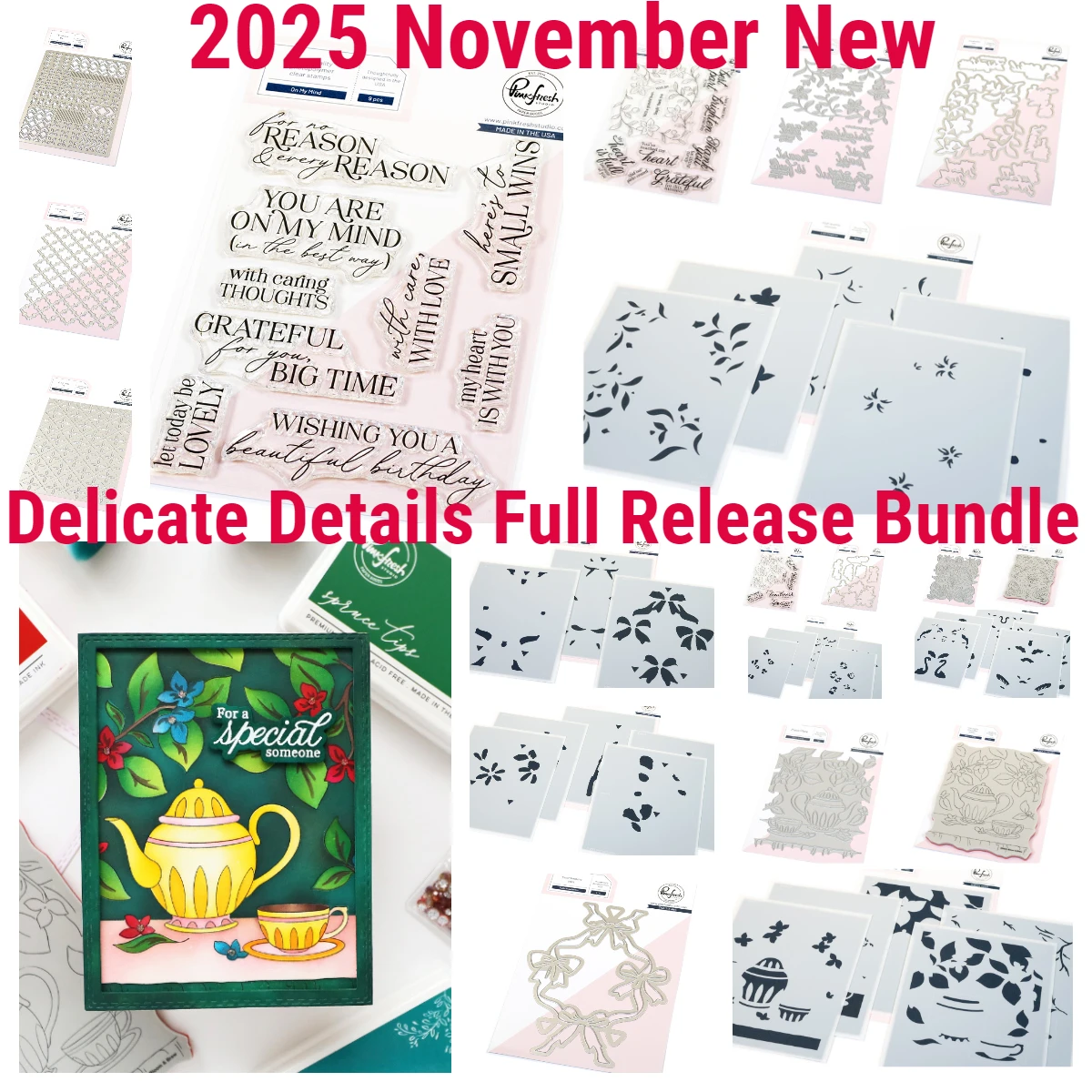 

2025 November Pink Fresh Die Delicate Details Full Release Bundle Sentiment Stamps Dies Stencils DIY 2026 New Year Card Flowers