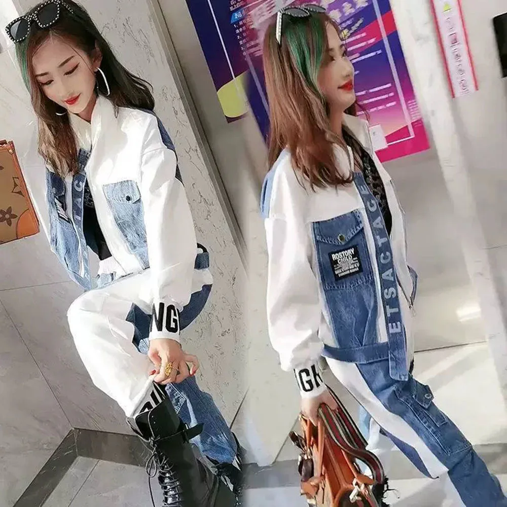 2023 Autumn Denim Splice Fashion Suit Women\'s Loose Oversized Jacket Pencil Pants Two Piece Sets S-6XL All-match Trousers Suits