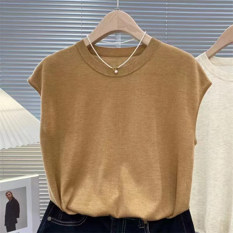 

Женский тонкий вязаный жилет из 60-ниточного мериносового шерсти, круглый вырез, весна-лето, простой повседневный стиль