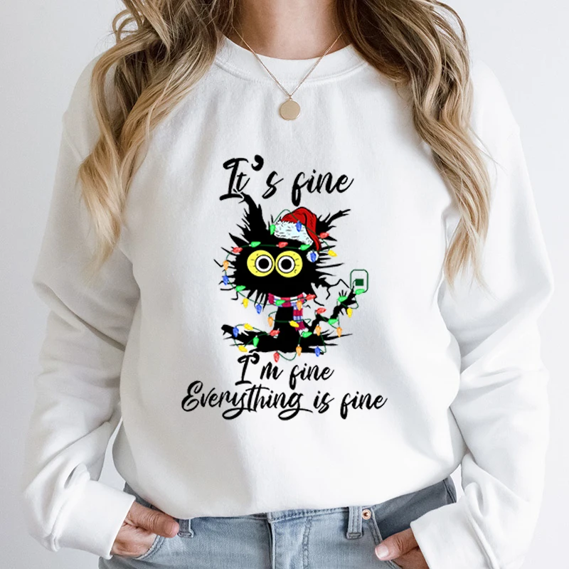 

Cute Christmas Light Cat It's Fine I'm Fine Everything Is Fine Print Pullovers Women Pure Color Round Neck Hoodeless Sweatshirts