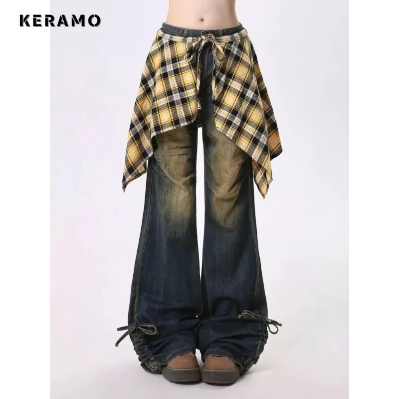 Vintage High Waist Folds Bow Emo Jeans Women's Baggy Y2K Wide Leg Grunge Street Pants High Street Washed Casual Denim Trouser