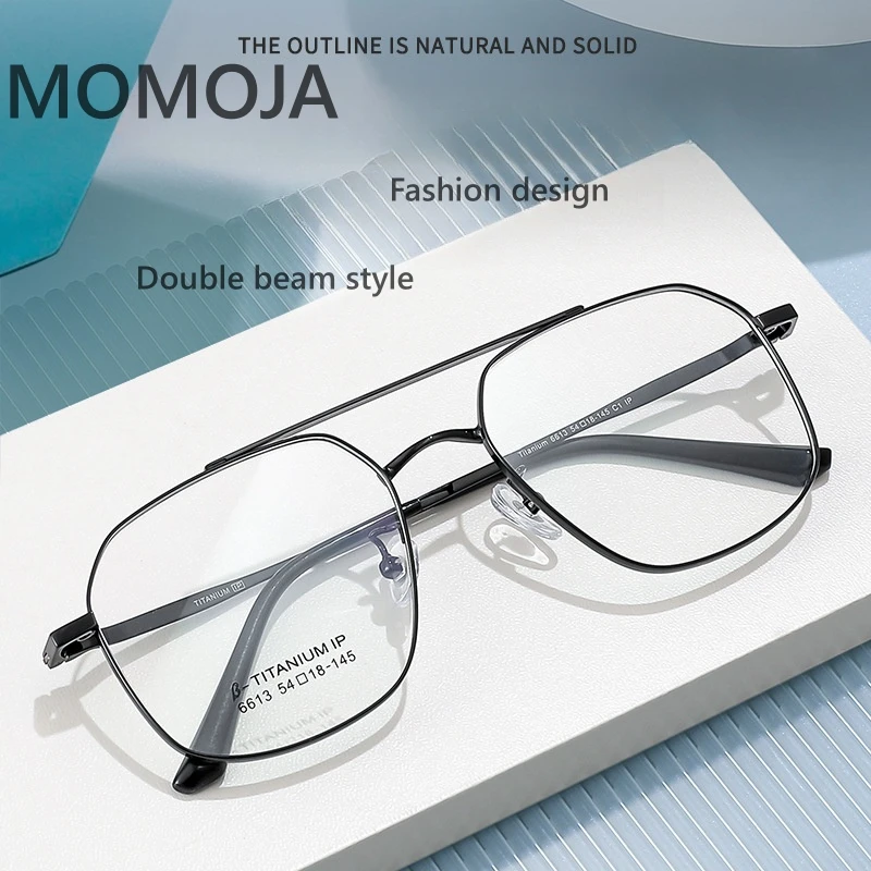 MOMOJA Retro Fashion Double Beam Pure Titanium Men's Eyeglass Frame Optical Prescription Glasses Frame Women 6613