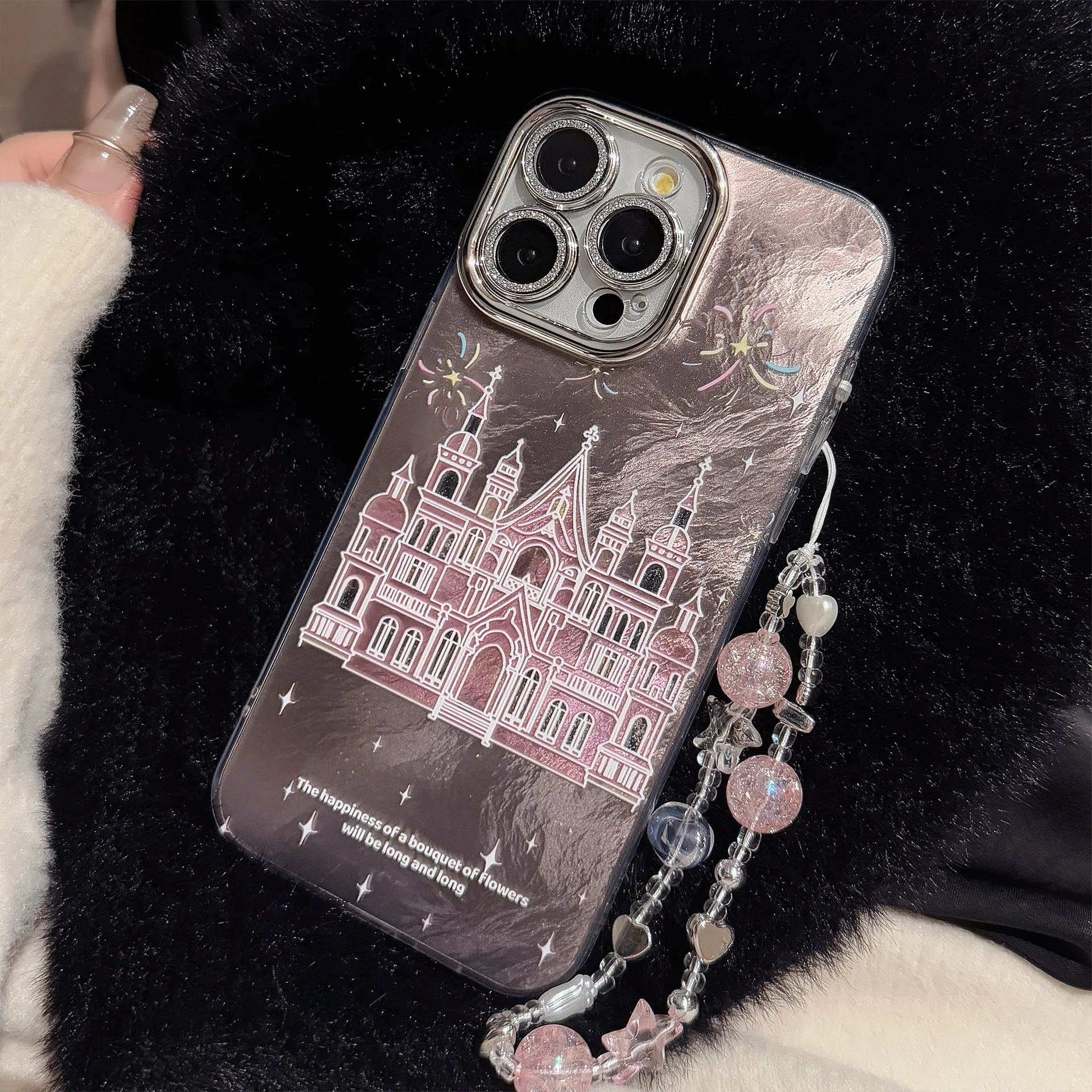 Ins Pink Castle Handyhülle mit Lanyard für iPhone 16 15 14 13 12 11 Pro Max XR X XS 7 8 Plus Glitzerlinsenfolie stoßfeste Abdeckung