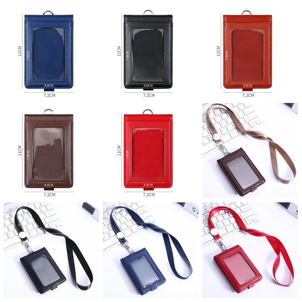 

Leather ID Tag Badge Holder Buckle Protective Employee Pass Work Card Case with Lanyard 5 Slots Flip Chest Card Bag