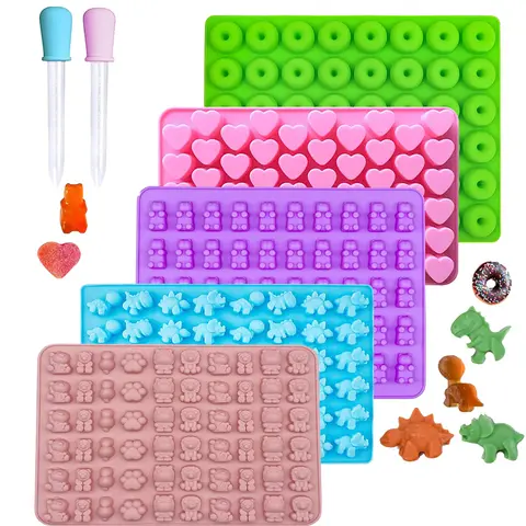 Gummy Bear Molds Silicone Mini Chocolate Candy Mold for Kid with 2 Droppers Including Dinosaur Bear Hearts Donut Shape