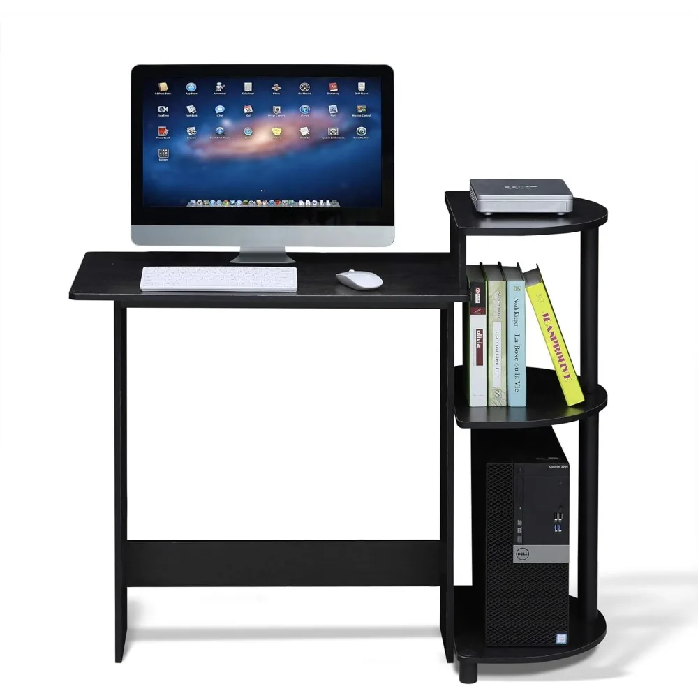 Compact Computer Desk with Shelves, Round Side, Americano/Black