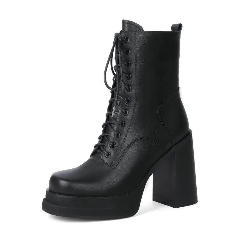 

Новинка 2025, ботинки на платформе, модные женские ботильоны из натуральной кожи с квадратным носком и высоким каблуком на шнуровке