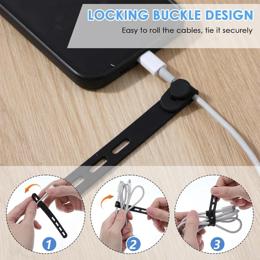 12 قطعة من ربطات كابل السيليكون، ربطات سلكية قابلة لإعادة الاستخدام للإلكترونيات، منظم كابلات البيانات، غلاف سلك مرن (أسود)