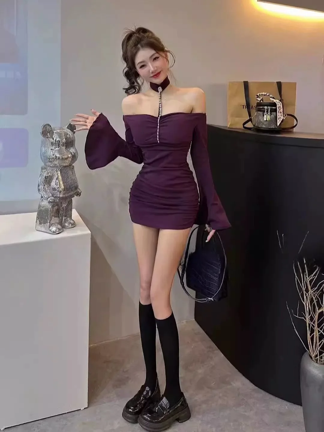 Rheinstone Korean Sweet Winter Dress Lady Elegant Halter Hanging Neck Dress Slash Collar Long Flare Sleeve Sexy Charming Dress