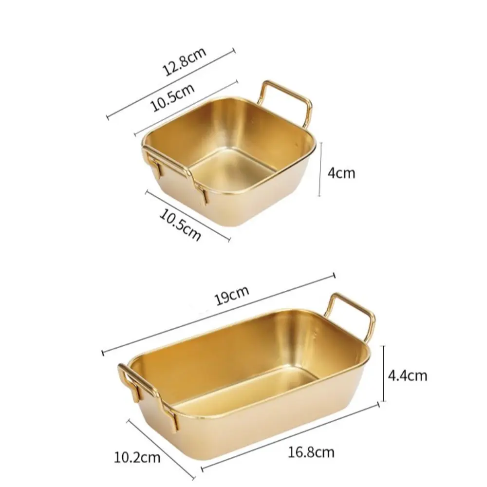 Creative With Handle Korean Stainless Steel Plate Square Durable Fried Food Trays Silver and Gold Snack Plate Kitchen