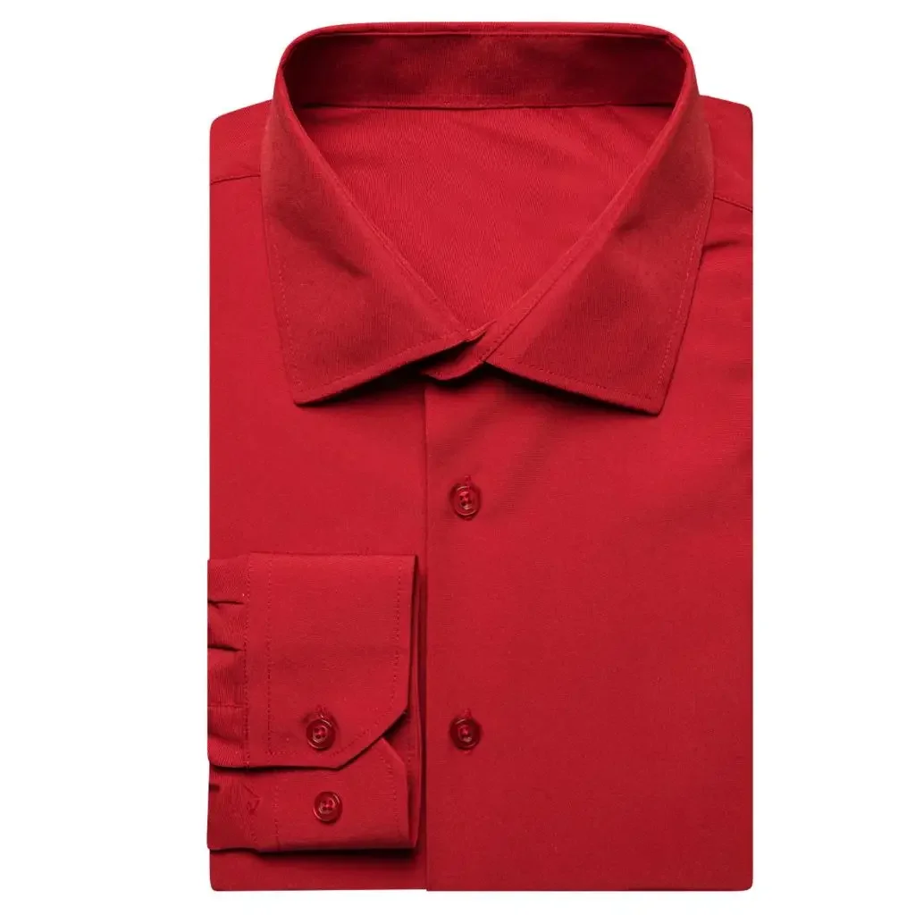 

Brand Red Plain Solid Silk Mens Shirts Lapel Long Sleeve Social Shirt Jacquard Male Blouse Clothing Wedding Business Gift