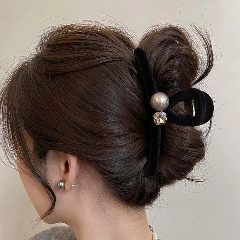 Pince à cheveux en velours noir pour femme, pinces à cheveux en perles biscuits, grande taille, épingle à cheveux, printemps français, accessoires