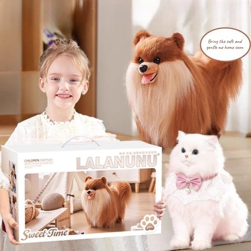 Lifelike Plush Toy Dog Realistic Fluffy Dog Cat Stuffed Animal with Comb Lint Remover Kids Companion Doll Gift Girls Home Decor
